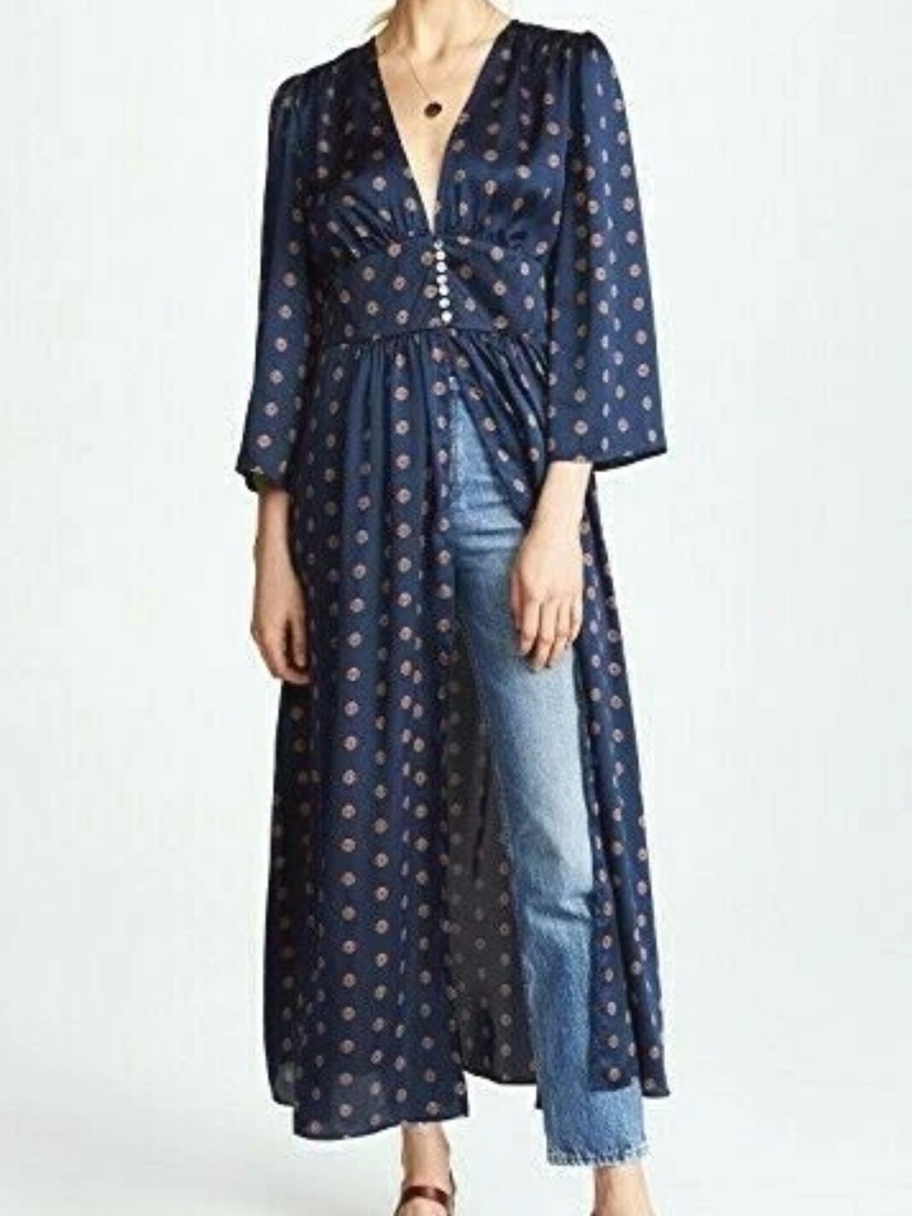 Free People Alexa Maxi Duster Satin Button Up Navy Blue Small
